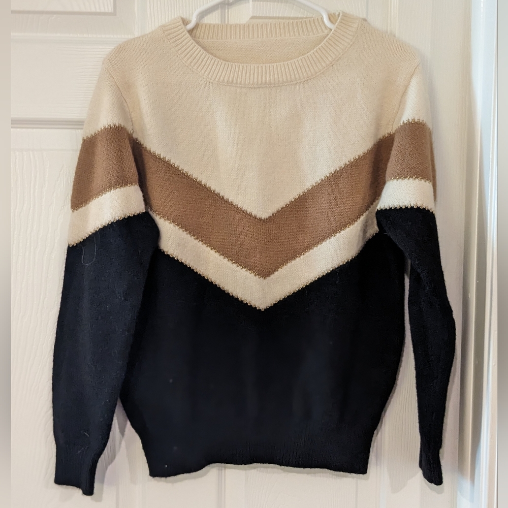 Colorblock Geometric Sweater in Cream, Brown, and Black w/ Gold Details - Size S